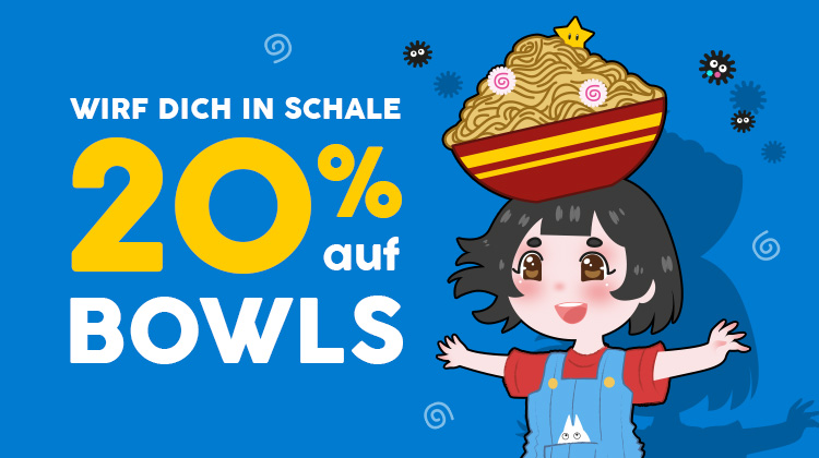 Anime-inspiriertes Kind mit großer Nudelschüssel auf dem Kopf, fröhlicher Gesichtsausdruck. Text: Wirf dich in Schale – 20 % auf Bowls – Jetzt sparen. Elbenwald-Rabattgrafik.