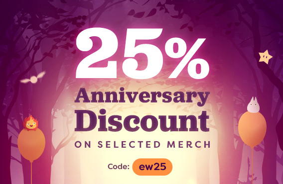 Illustration of a forest with balloons and small magical creatures. Text: “25% anniversary discount on selected merch. Code: ew25”