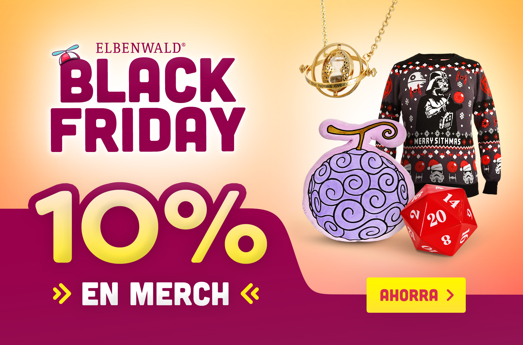 Teaser de Black Friday de Elbenwald con 10 por ciento de descuento en merch. Incluye un Giratiempo, un jersey navideño de Star Wars, un cojín de fruta de One Piece y un gran dado rojo D20 sobre un fondo cálido degradado.