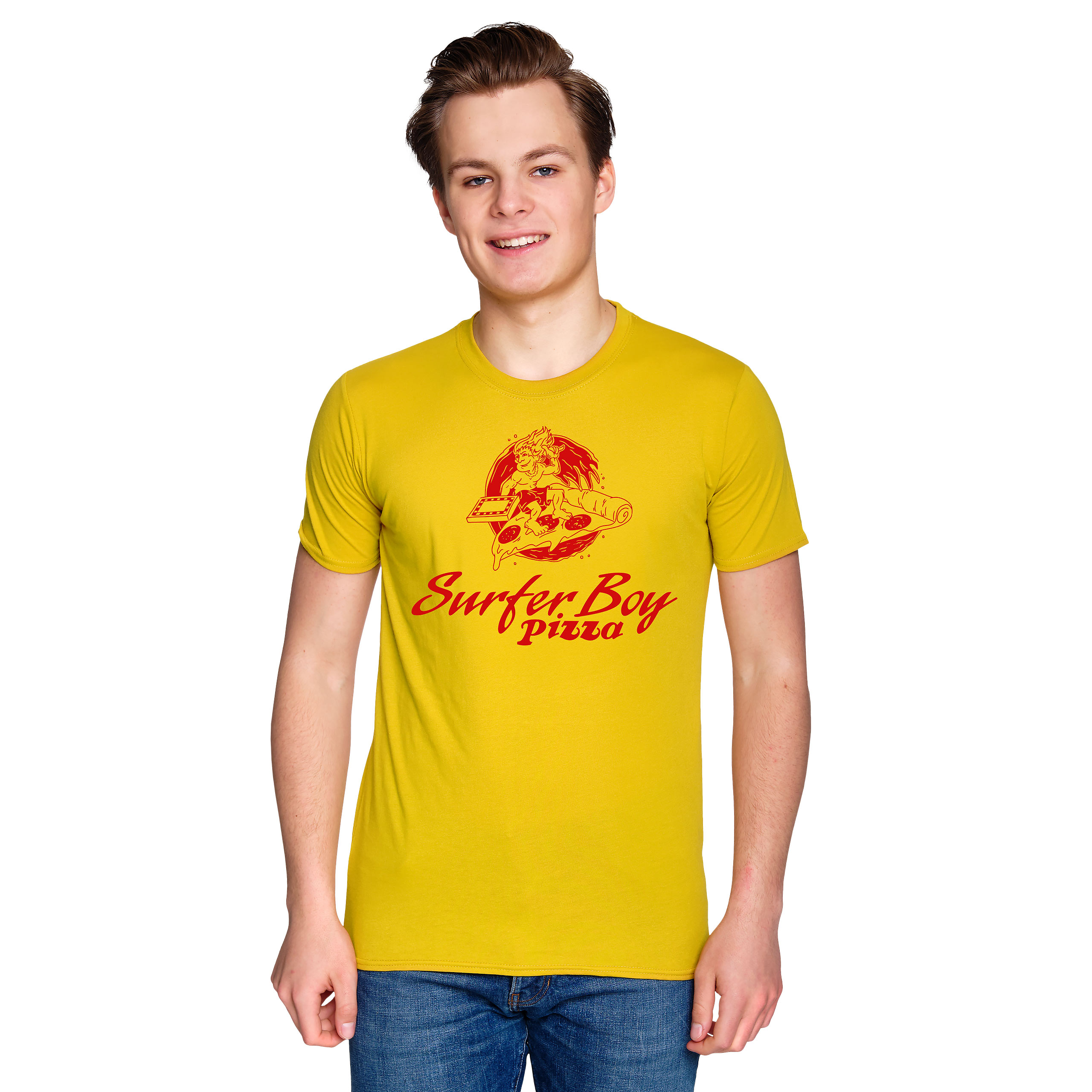 Maglietta Unisex Stranger Things Surfer Boy Pizza | Gialla | Cotone Ringspun | Licenza Ufficiale