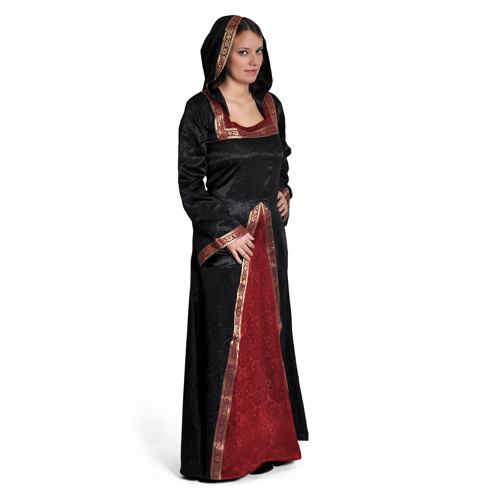 Robe Médiévale Otilia avec Capuche Pointue Noir-Bordeaux