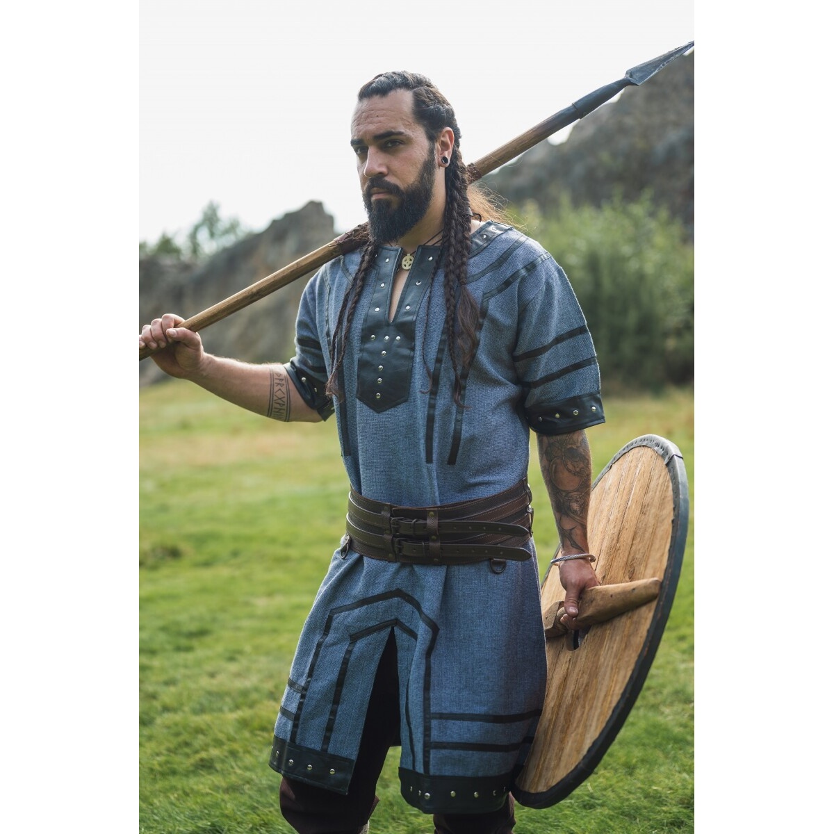 Medeltida vikingatunika Rollo kortärmad blågrå