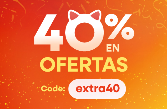 40 % de descuento en artículos en oferta con el código extra40 sobre fondo naranja.