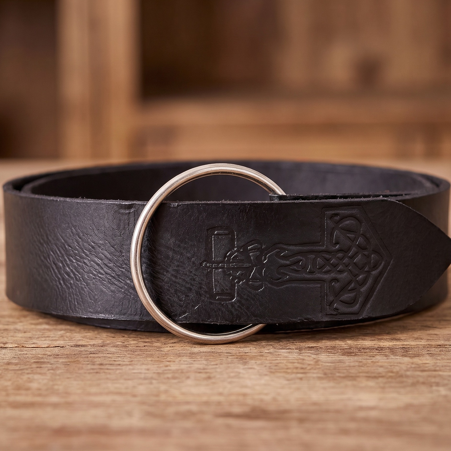 Mittelalter Ringgürtel mit Thors Hammer Prägung schwarz