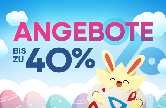 Togepi zwischen bunten Ostereiern im Ostermotiv, Schriftzug „Angebote bis zu 40 %“.