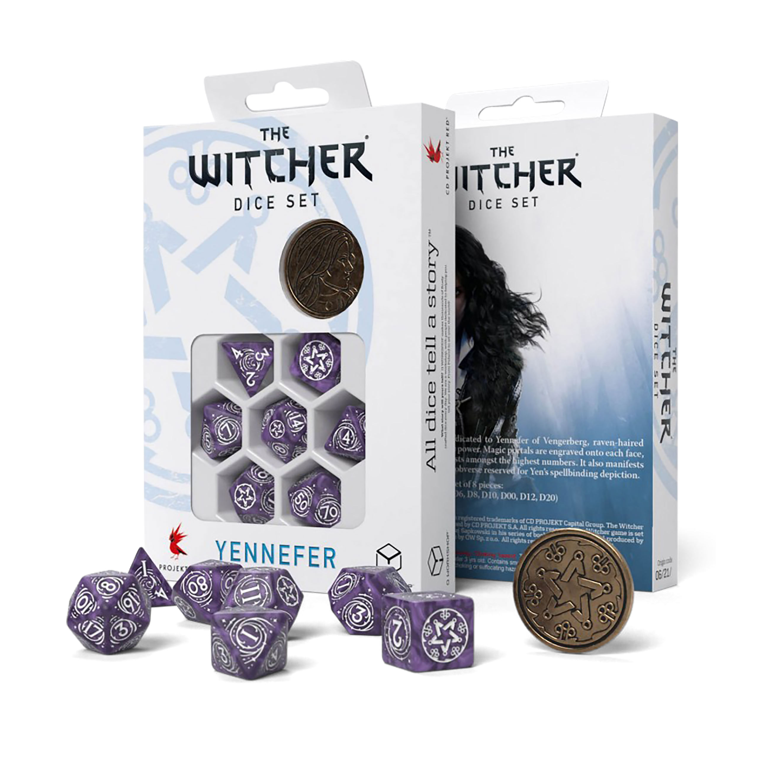 Witcher - Yennefer Lila & Kruisbessen RPG Dobbelset 7-delig met verzamelmunt