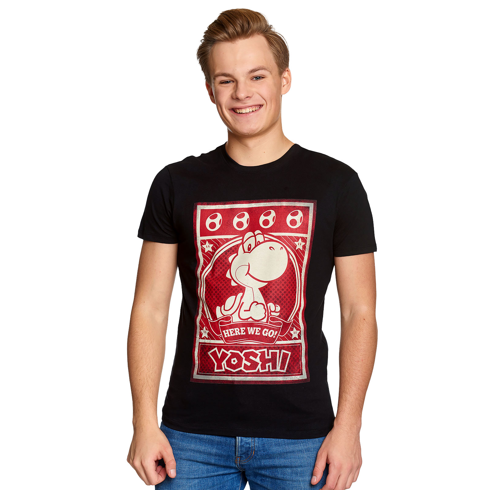 Super Mario - Yoshi Here We Go Poster T-Shirt Zwart