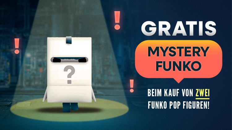 Mysteriöse Funko-Figur in einer weißen Überraschungsbox mit Fragezeichen steht im Scheinwerferlicht. Text im Bild: „Gratis Mystery Funko beim Kauf von zwei Funko Pop Figuren“.