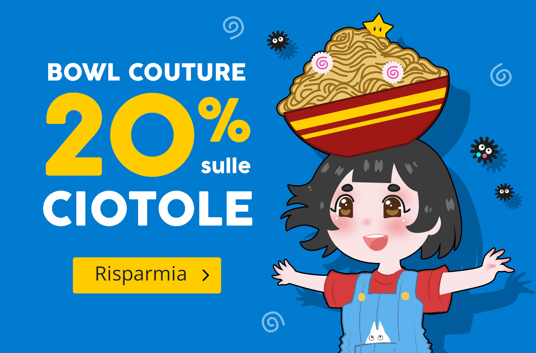 Bambino in stile anime con una grande ciotola di ramen in testa, sorriso felice. Testo: Bowl Couture – 20% di sconto sulle ciotole – Risparmia ora. Grafica promozionale Elbenwald.