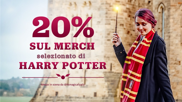 Persona con bacchetta magica luminosa e sciarpa di Grifondoro davanti a un castello, sorride. Testo: “20% di sconto su articoli Harry Potter selezionati.”