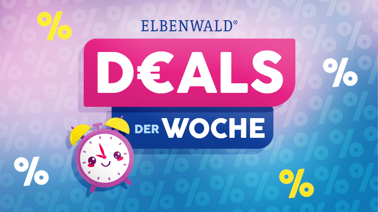 Bunte Rabattgrafik mit Schriftzug „Deals der Woche" in Pink und Blau, im Hintergrund Prozentzeichen. Niedlicher Wecker mit Gesicht links unten. Button: Jetzt sparen. Elbenwald-Aktionsgrafik.