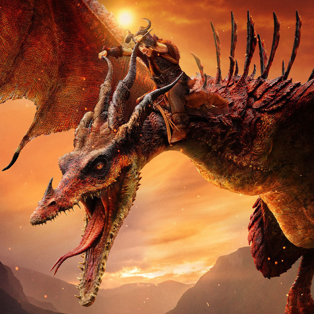A fierce, red-scaled dragon with its mouth wide open soars through a dramatic sunset sky, ridden by a determined Viking wearing a horned helmet and fur armor.