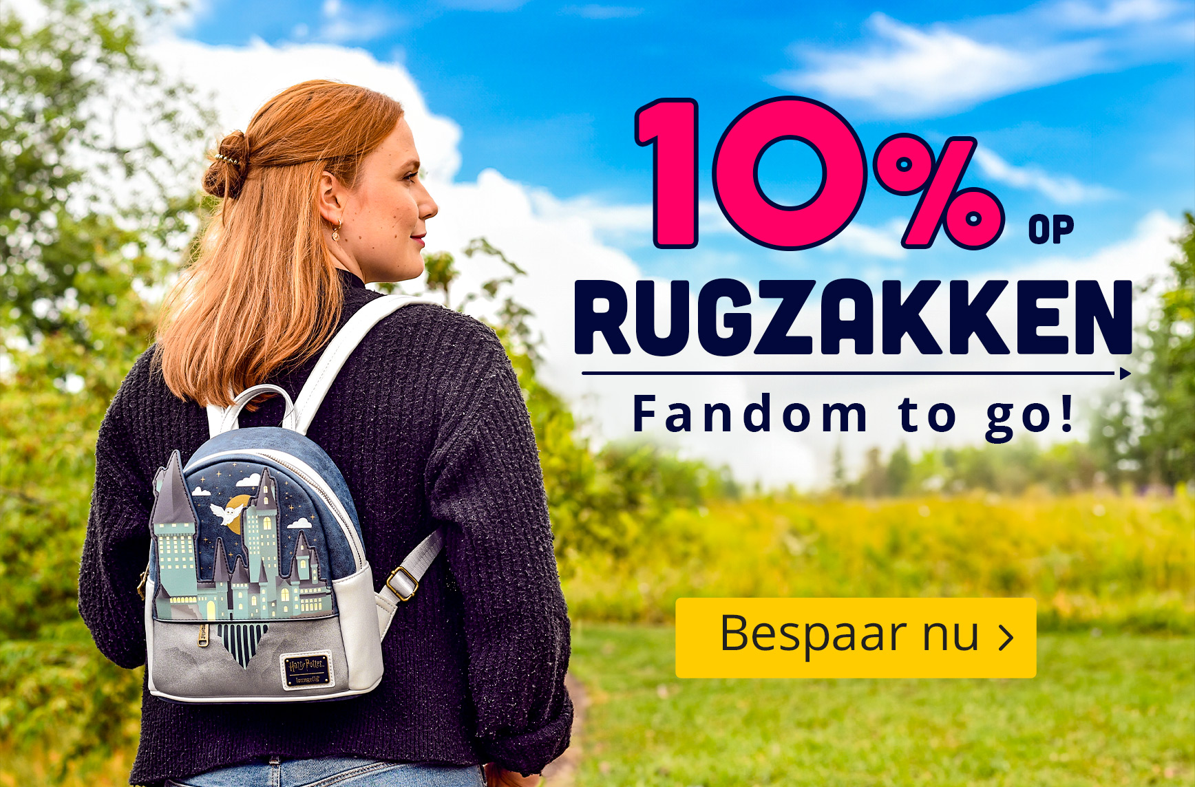 Vrouw met Harry Potter-rugzak in het groen, tekst: ‘10% korting op rugzakken – Fandom to go!’ en gele knop ‘Bespaar nu’.