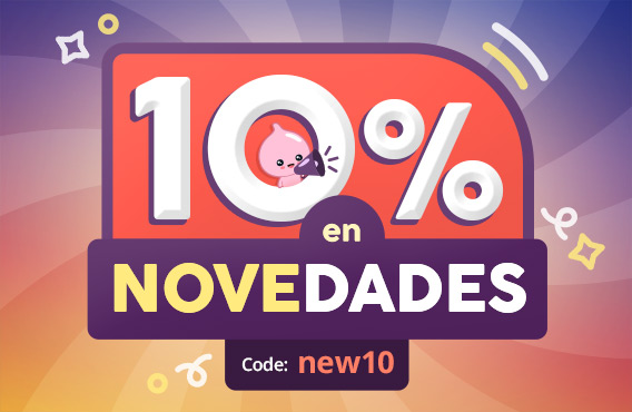 Gráfico colorido de descuento con el texto "10%" y una mascota adorable con megáfono dentro del cero. Texto: 10% en novedades – Código: new10. Gráfico promocional de Elbenwald.
