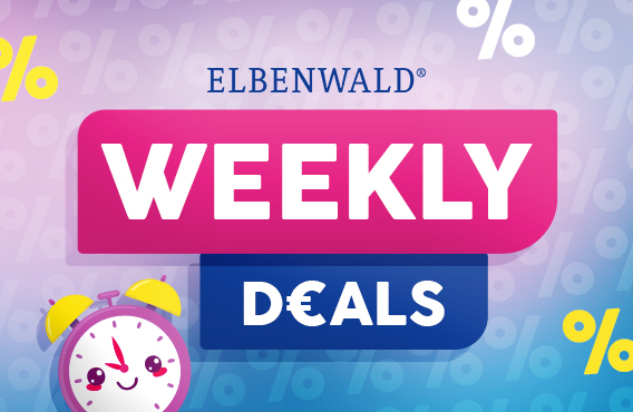 Colourful discount graphic with "Weekly Deals" text in pink and blue, background full of percentage signs. Cute alarm clock with a face in the corner. Button: Save now. Elbenwald promo graphic.