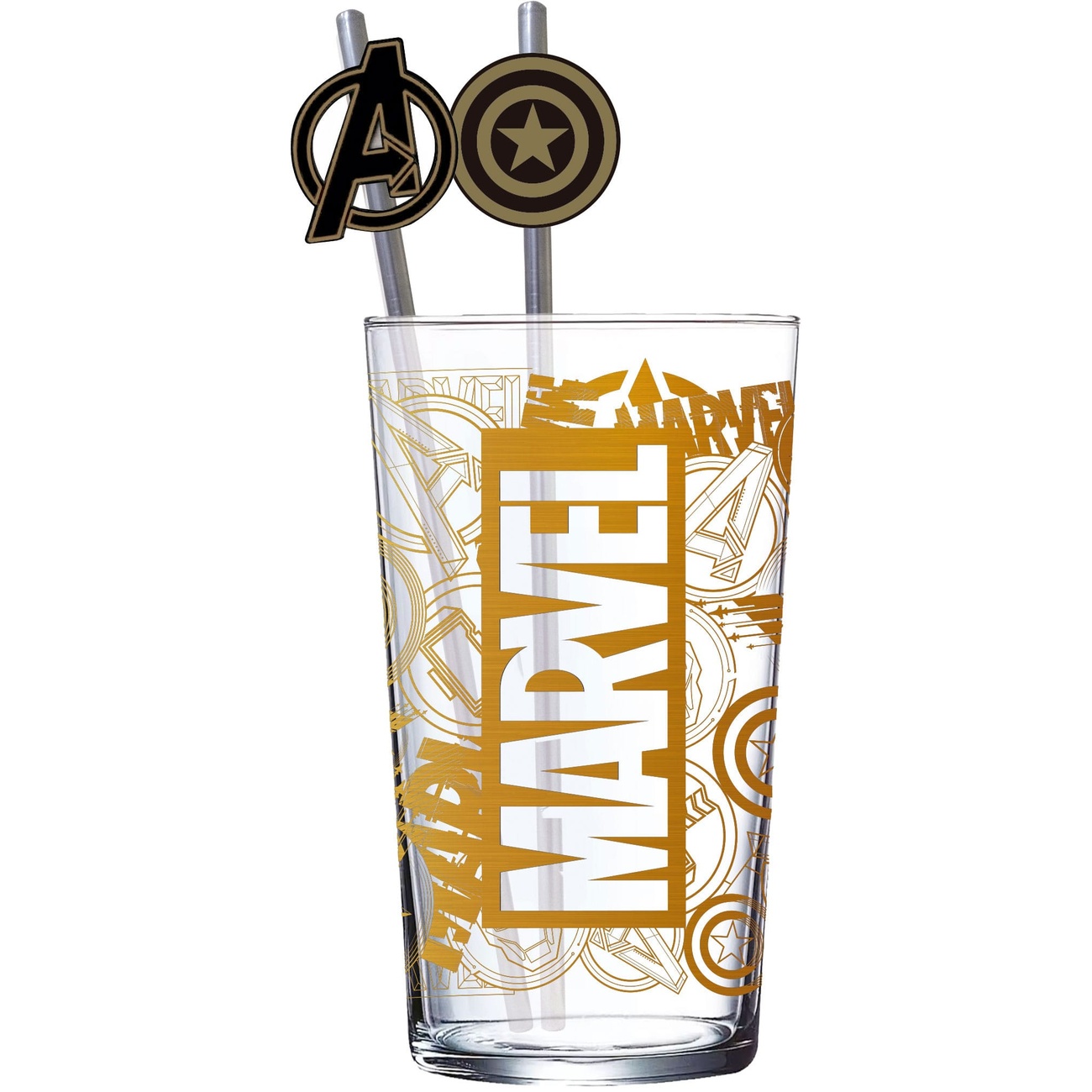 Marvel Glass Tumbler with Straws Logo & Avengers 485 ml