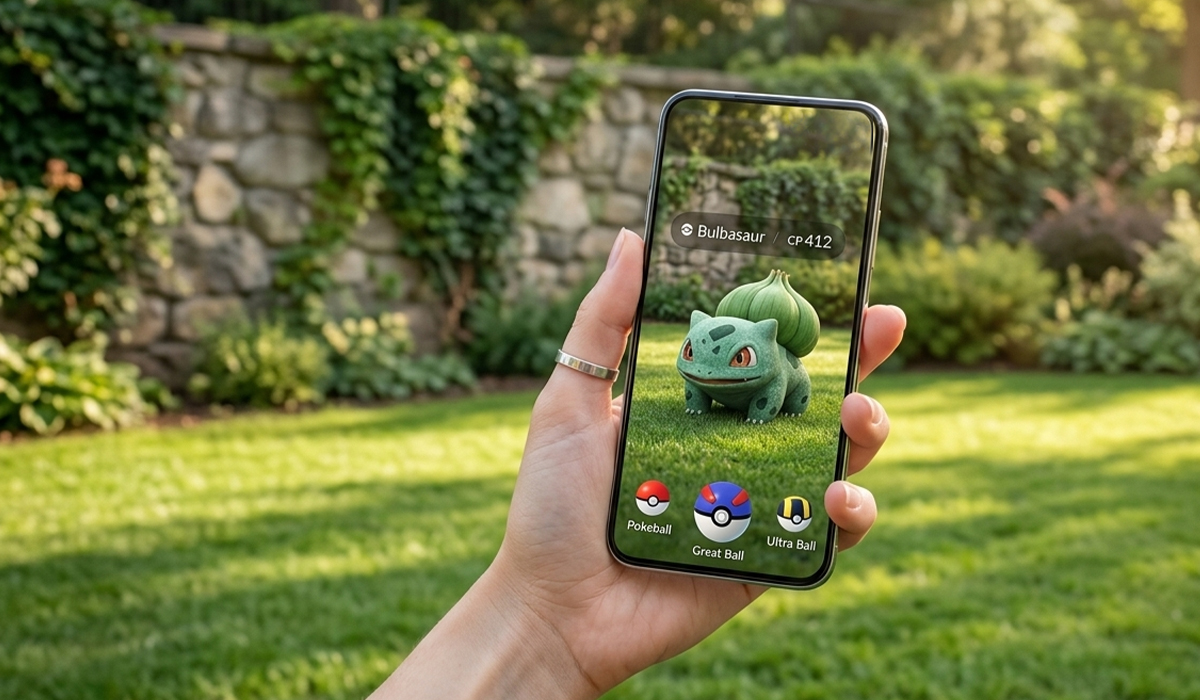 A hand holds a smartphone displaying the augmented reality game Pokémon GO. A Bulbasaur appears on the screen, positioned as if it is standing on the grass, with the game interface showing options for a Pokéball, Great Ball, and Ultra Ball.