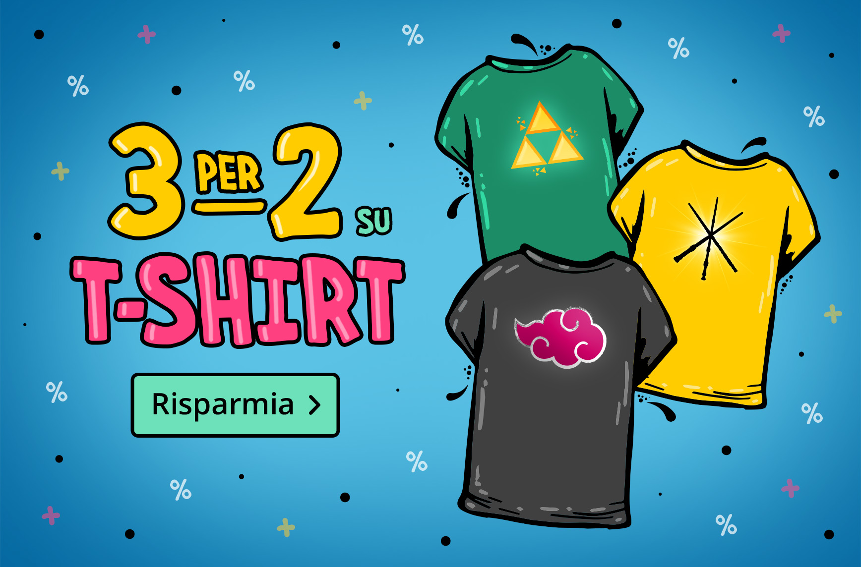 Illustrazione con tre magliette nerd su sfondo blu e testo: 3 per 2 su T-shirt – Risparmia. Promozione Elbenwald.