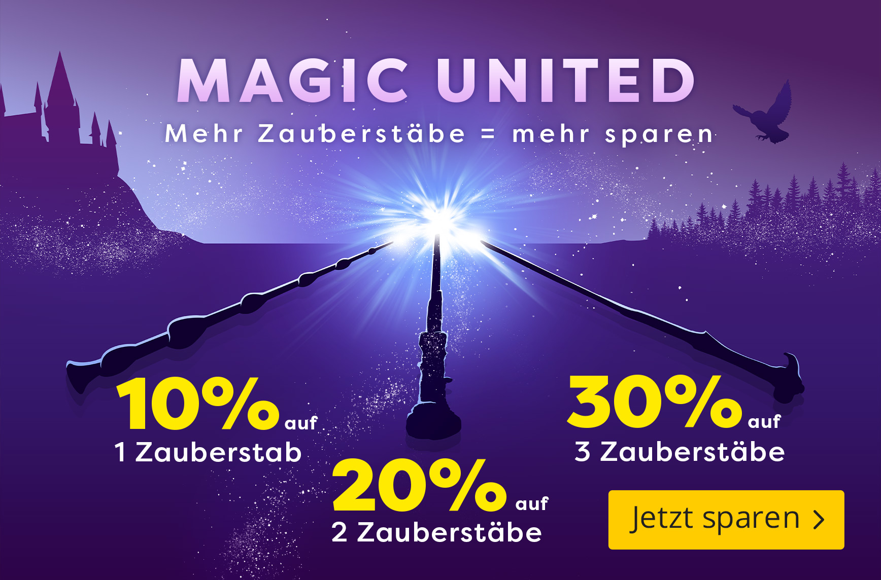 Drei gekreuzte Zauberstäbe mit magischem Licht. Text: Magic United, mehr Zauberstäbe gleich mehr sparen. 10 % auf 1 Zauberstab, 20 % auf 2 Zauberstäbe, 30 % auf 3 Zauberstäbe.