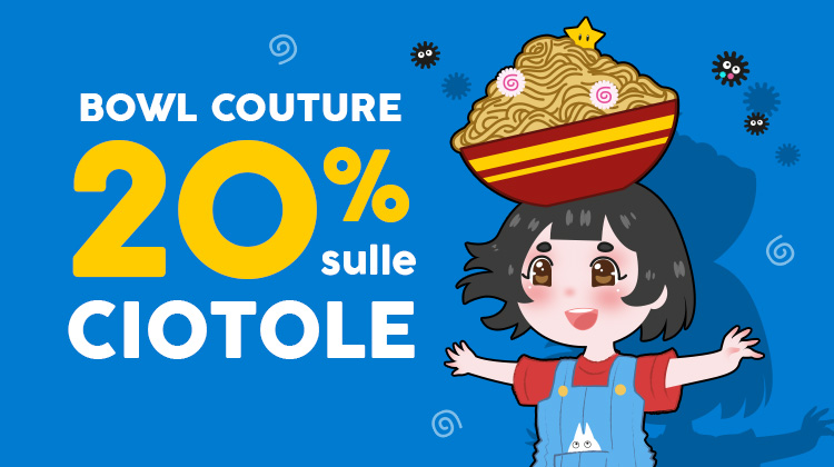 Bambino in stile anime con una grande ciotola di ramen in testa, sorriso felice. Testo: Bowl Couture – 20% di sconto sulle ciotole – Risparmia ora. Grafica promozionale Elbenwald.