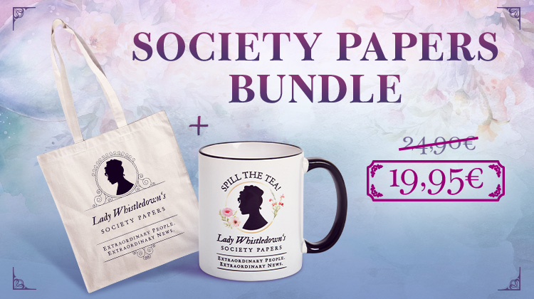 Bridgerton Society Papers Bundle mit Stofftasche und Tasse im Lady-Whistledown-Design, beworben als Set für Bridgerton-Fans mit reduziertem Preis.