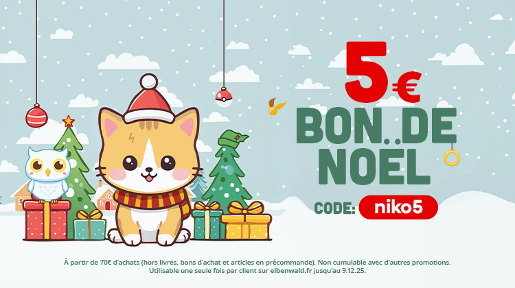 Scène d’hiver kawaii avec un chat portant un bonnet de noël et une chouette devant des cadeaux et des sapins enneigés. Texte : 5 € Bon de noël, Code niko5.