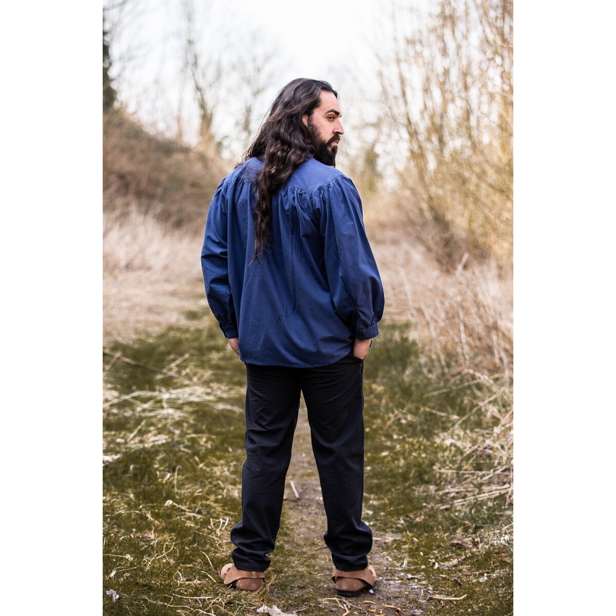 Chemise médiévale à col officier lacée Friedrich bleu