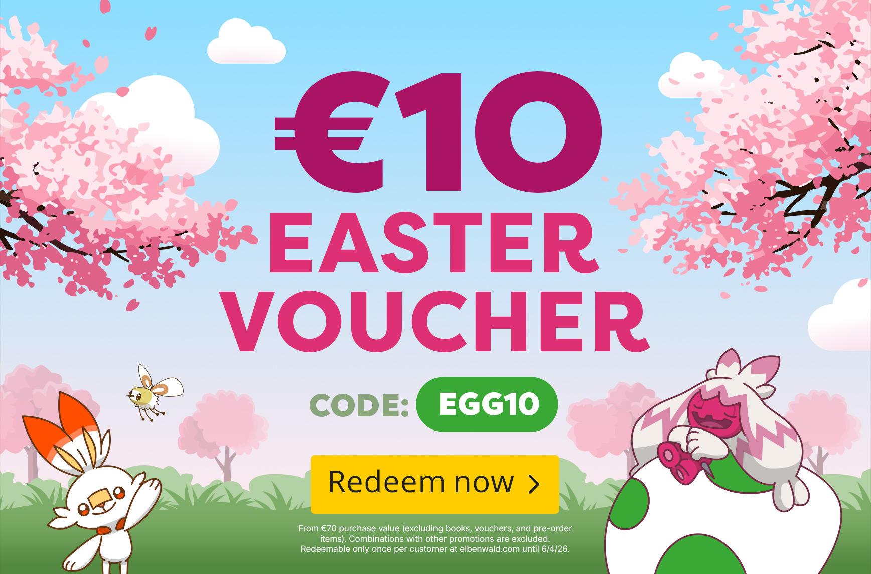 Spring scene with cherry blossoms and Pokémon Scorbunny and Bewear. Text: €10 Easter voucher, code EGG10. Redeem now.