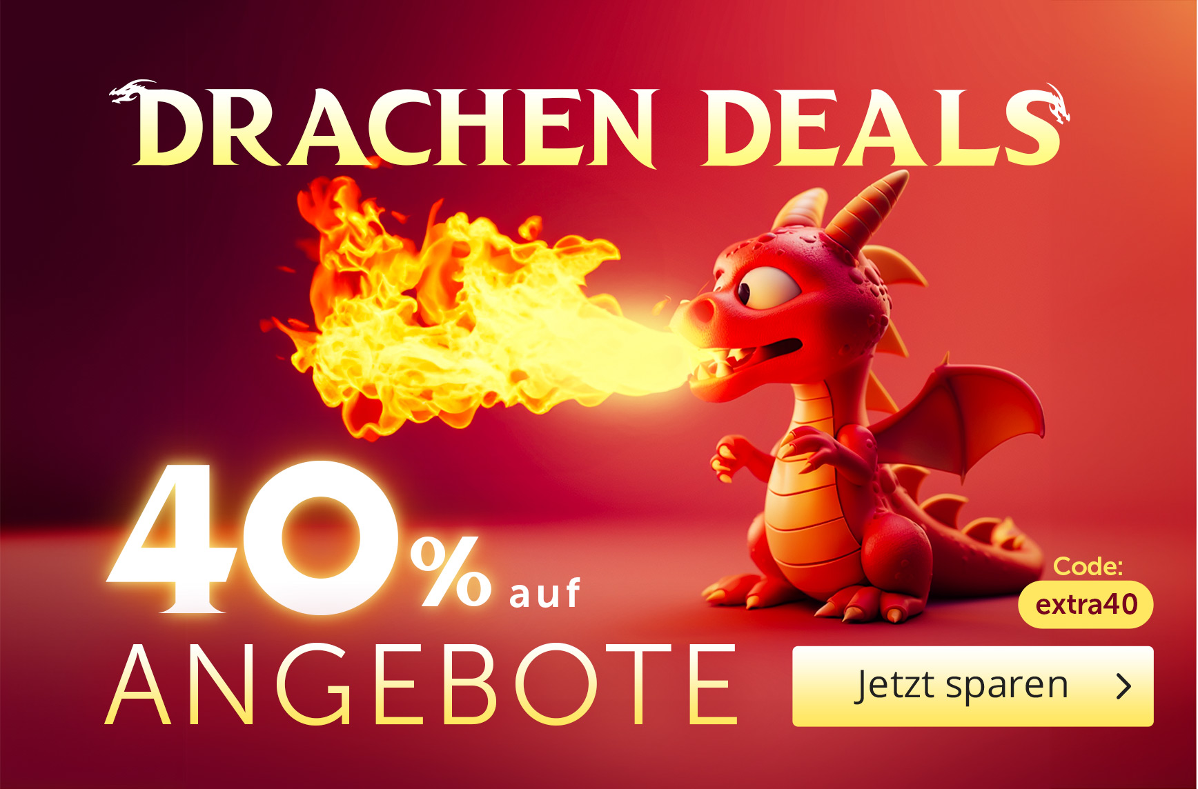 Roter Comic-Drache speit Feuer auf orangem Hintergrund. Text: ‚Drachen Deals – 40 % auf Angebote – Code: extra40 – Jetzt sparen‘. Elbenwald-Werbegrafik für Rabattaktion.
