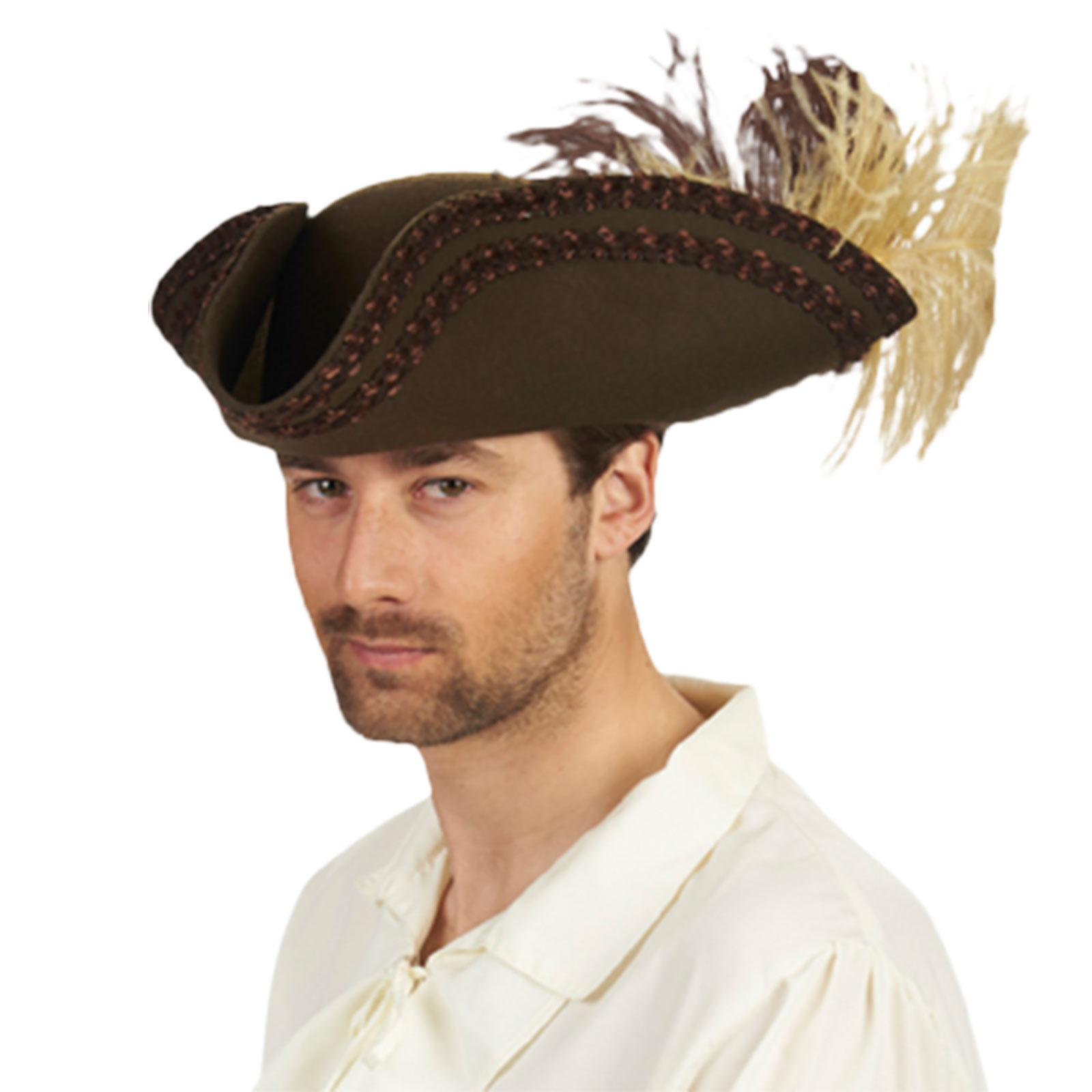 Tricorn with feather and braid brown