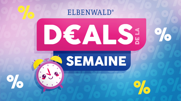 Kleurrijke kortingsgrafiek met tekst "Weekdeals" in roze en blauw, achtergrond met procenttekens. Schattige wekker met gezicht linksonder. Knop: Bespaar nu. Elbenwald-promografiek.