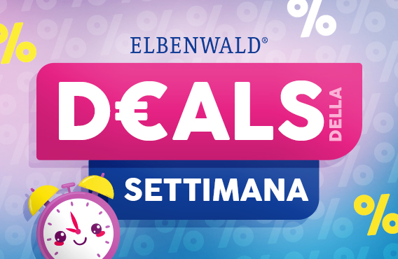 Grafica colorata con la scritta "Deals della settimana" in rosa e blu, sfondo con simboli percentuali. Sveglia carina con faccina nell'angolo in basso. Pulsante: Risparmia. Grafica promozionale Elbenwald.