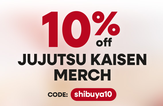 Graphic teaser with text: 10% off Jujutsu Kaisen merch. Voucher code shibuya10.