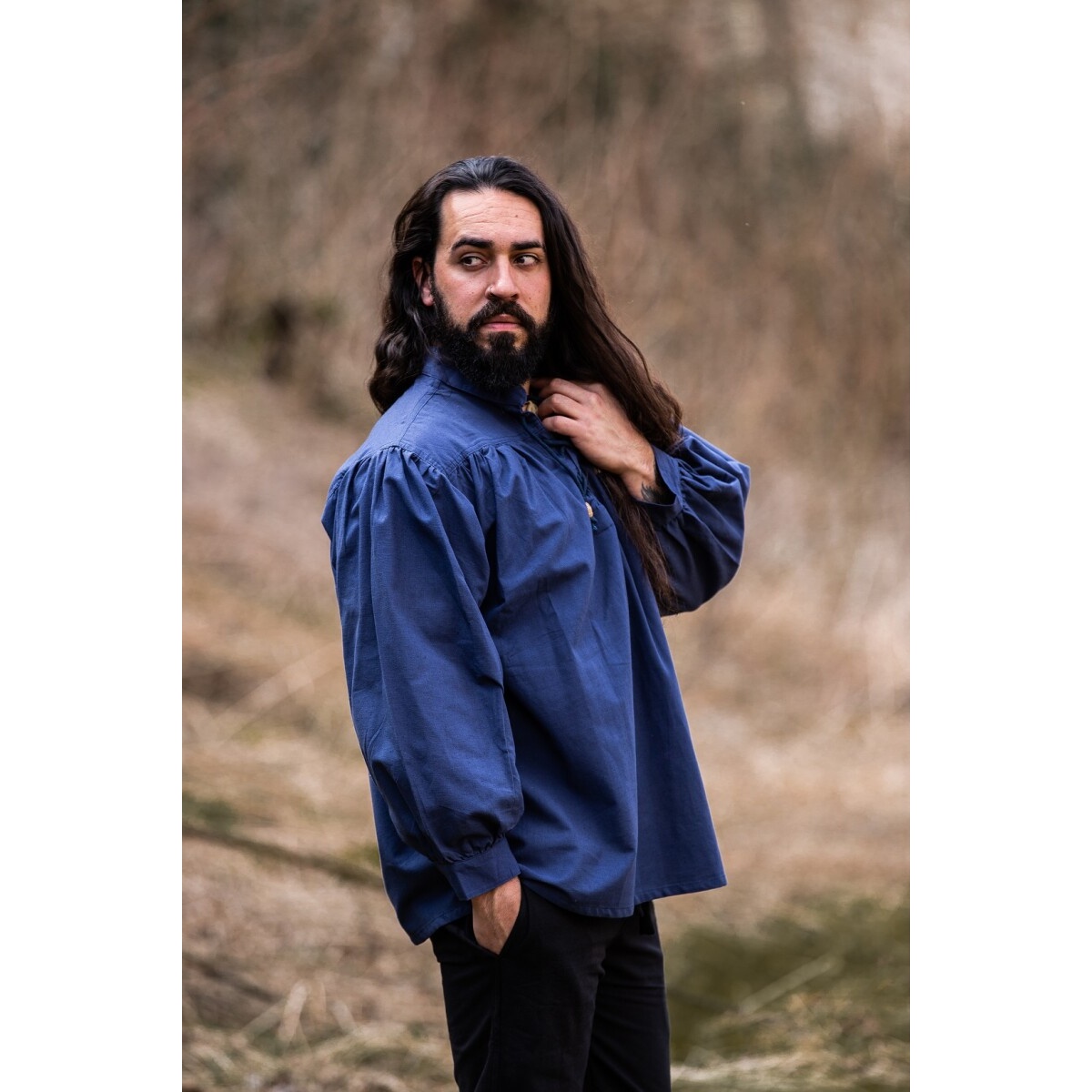 Chemise médiévale à col officier lacée Friedrich bleu