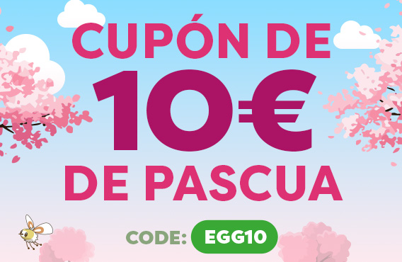 Motivo primaveral con flores de cerezo. Texto: cupón de Pascua de 10 €, código EGG10.