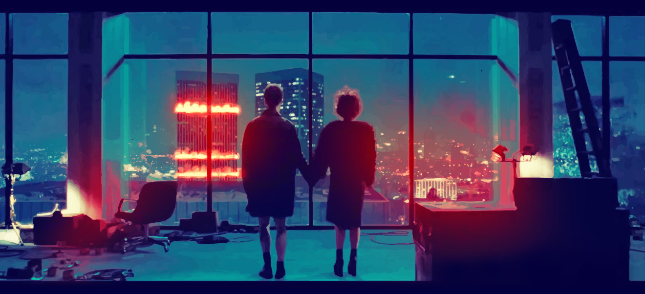 Two people stand hand in hand with their backs to the camera, as several skyscrapers burn in the distance – final scene from the film Fight Club.