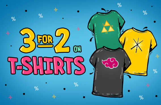 Illustration of three nerdy T-shirts on a blue background with text: 3 for 2 on T-shirts – Save now. Elbenwald promotion.