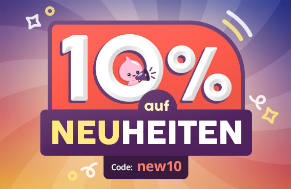 Bunte Rabattgrafik mit großem 10 %-Schriftzug, niedliches Maskottchen im Null mit Megafon. Text: 10 % auf Neuheiten – Code: new10. Elbenwald-Aktionsgrafik.