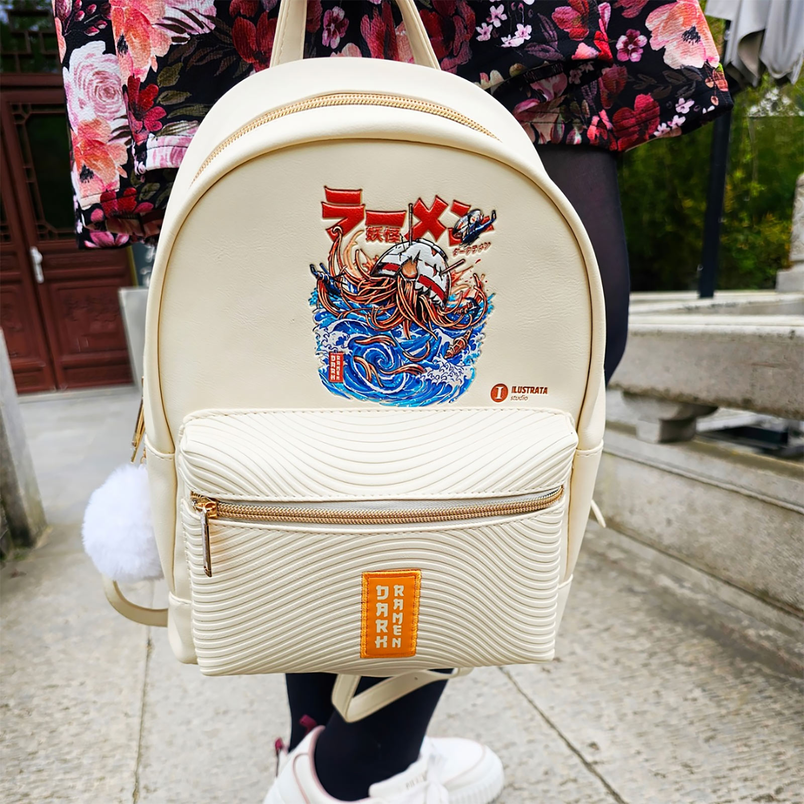 Ilustrata - Dark Ramen Backpack with Pom Pom Pendant beige