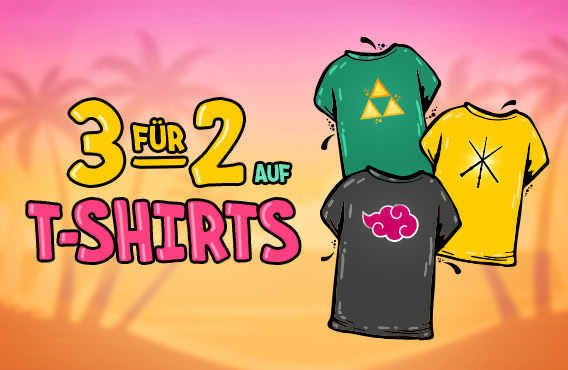 Drei bunte T-Shirts mit Symbolen aus Zelda, Naruto und Harry Potter vor Sonnenuntergang mit Palmen. Text: 3 für 2 auf T-Shirts.