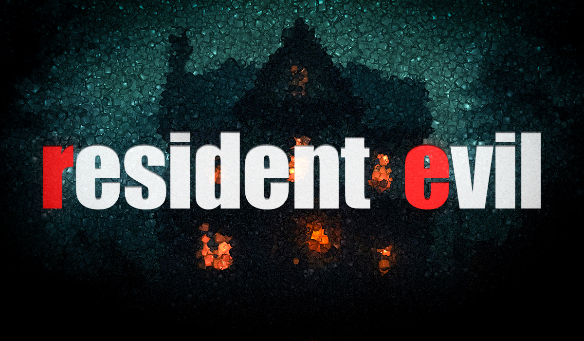 Resident Evil title graphic in front of a dark mosaic-style house with glowing windows in the background.