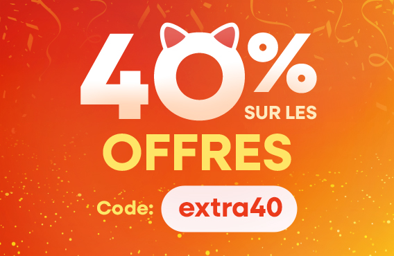 40 % de réduction sur les articles en promotion avec le code extra40 sur fond orange.