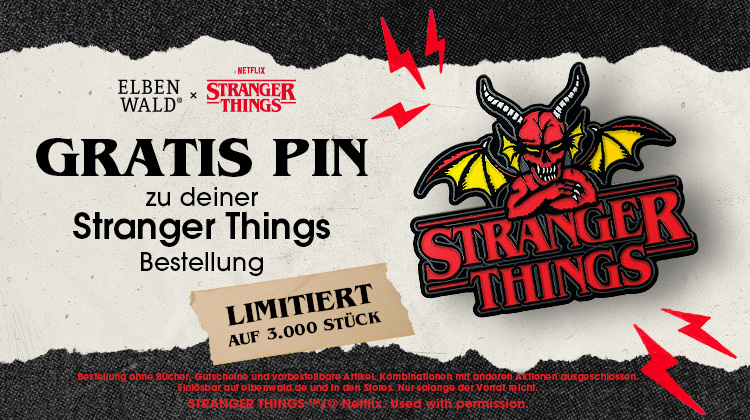 Stranger-Things-Promotion mit rotem Pin in Form eines Dämons mit gelben Flügeln und dem Schriftzug „Stranger Things“. Text: „Gratis Pin zu deiner Stranger Things Bestellung – limitiert auf 3.000 Stück“. Logos von Elbenwald und Netflix Stranger Things im o