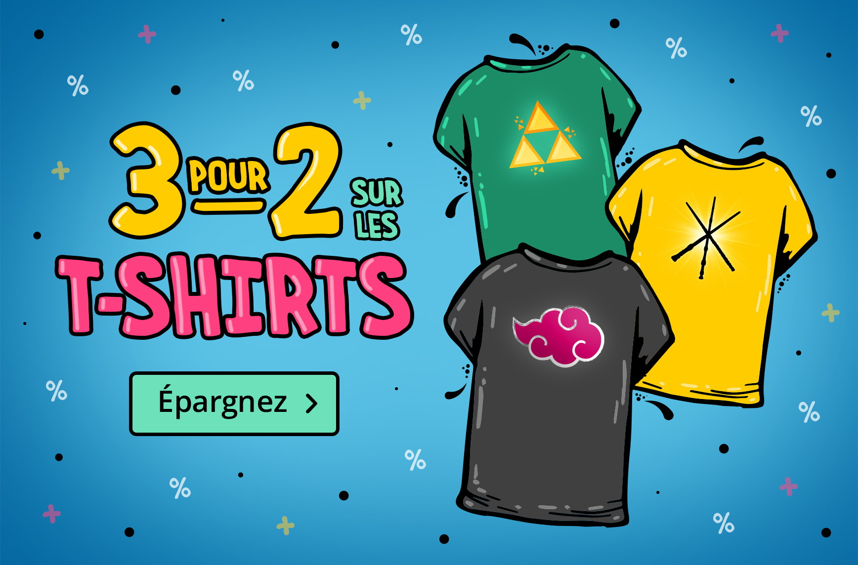 Illustration avec trois T-shirts geek sur fond bleu et texte : 3 pour 2 sur les T-shirts – Épargnez. Promotion Elbenwald.