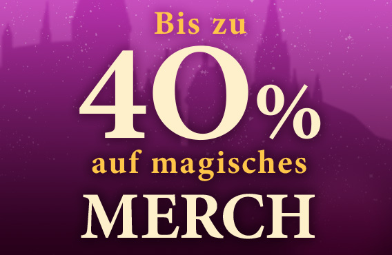 Bis zu 40 Prozent auf magisches Merch auf violetten Hintergrund.