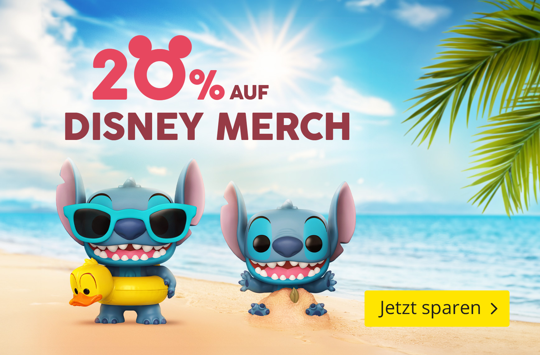 Zwei Funko Pop Figuren von Stitch am Strand: eine mit Sonnenbrille und Quietscheentchen-Schwimmring, die andere buddelt im Sand. Text: 20 % auf Disney Merch, Jetzt sparen.