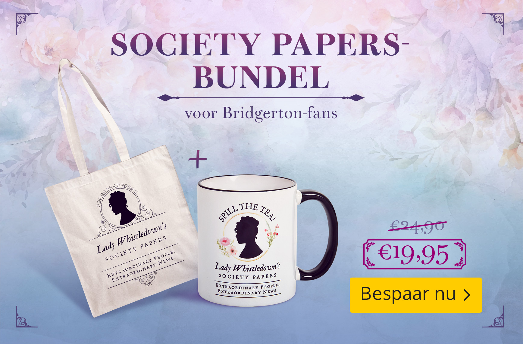 Bridgerton Society Papers-bundel met een stoffen tas en mok in Lady Whistledown-design, aangeboden als voordelige set voor Bridgerton-fans.