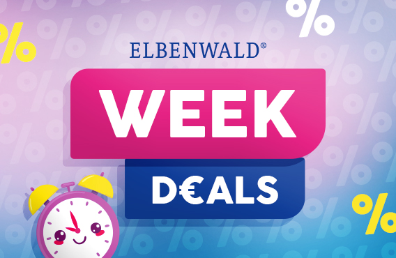 Kleurrijke kortingsgrafiek met tekst "Weekdeals" in roze en blauw, achtergrond met procenttekens. Schattige wekker met gezicht linksonder. Knop: Bespaar nu. Elbenwald-promografiek.