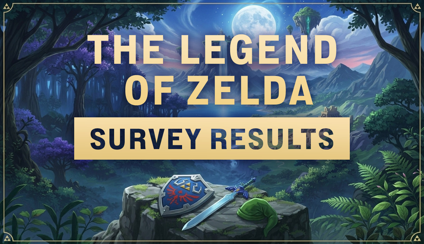 Das Titelbild zeigt den Schriftzug „The Legend of Zelda: Umfrage Auswertung“. Im Hintergrund ist ein animierter Wald bei Nacht zu sehen.