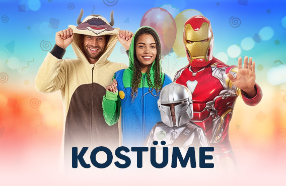 Vier verkleidete Personen vor buntem Partyhintergrund mit Luftballons: ein Mann im Appa-Onesie, eine Frau im Luigi-Kostüm, eine Person im Iron-Man-Anzug und ein Kind im Mandalorianer-Kostüm. Text: Kostüme.